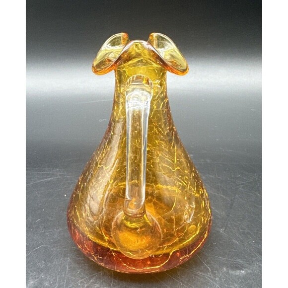 VTG Pilgrim Glass AMBER Crackle Pitcher Vase Ruffle Top Applied Handle 4.5” - Picture 2 of 9